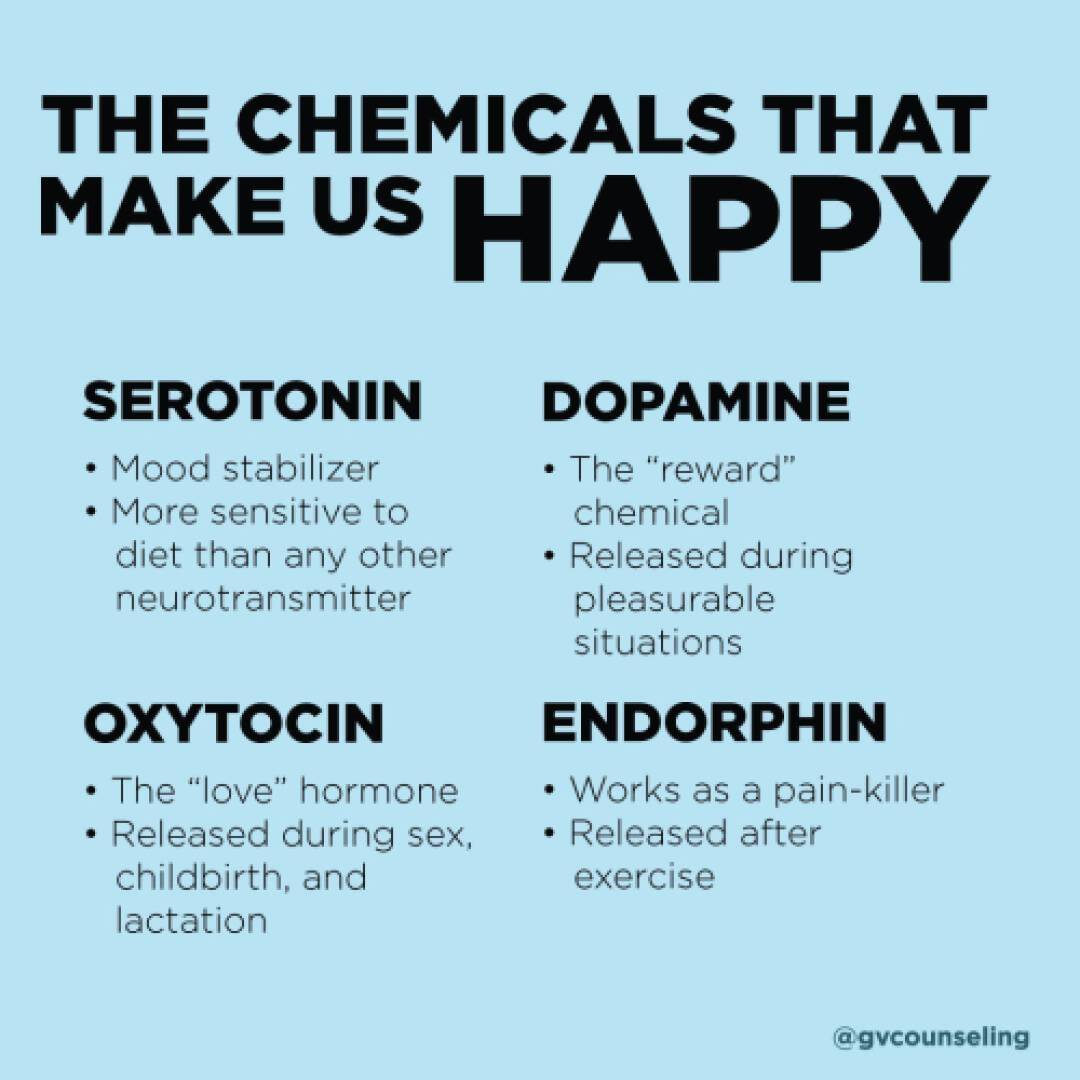 Text infographic titled "The Chemicals That Make Us Happy" featuring serotonin, dopamine, oxytocin, and endorphins, with brief descriptions of each.